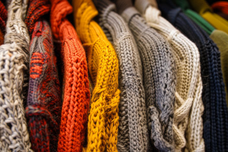 A rack filled with neatly folded sweaters and scarves, showcasing a variety of colors and patterns in a retail store. The garments are neatly organized and easily accessible for customers browsing the selection.の素材