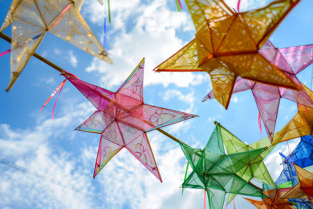 A group of multicolored stars hanging gracefully from strings, creating a vibrant and whimsical display. The stars vary in colors and sizes, adding a festive touch to any space.の素材