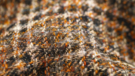 Detailed close up of a tweed fabric, showcasing intricate weave patterns and texture. The fabric appears in shades of brown and beige, with a mix of thick and thin threads creating a unique visual appeal.の素材