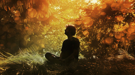 A person is sitting cross-legged in the center of a dense forest, surrounded by tall trees and lush greenery. The individual appears contemplative, taking in the sights and sounds of the natural environment.の素材