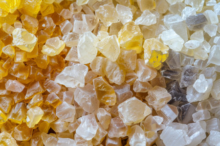 A variety of yellow and white rocks are piled up next to each other, creating an interesting contrast in colors and textures. The rocks appear to have been carefully arranged or naturally deposited in this arrangement.の素材