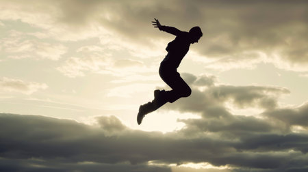 A silhouette of a person mid-air, captured in a jump with arms and legs outstretched against a clear sky backdrop. The figure appears weightless and dynamic in motion.の素材
