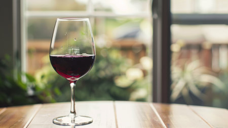 A glass filled with red wine sits atop a sturdy wooden table. The glass reflects the warm ambient light around it, creating a simple and elegant scene.の素材
