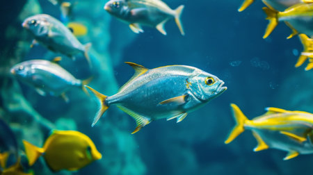 A large group of fish of various colors and sizes swim gracefully in an aquarium tank, creating a mesmerizing display of movement and interaction.の素材