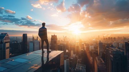 A man is standing on the edge of a tall building, looking out at the city skyline below. He appears confident and focused as he takes in the view from this height.の素材