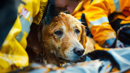A wet dog is seated in the back of a truck, looking around. The dogs fur is dripping with water, indicating recent rainfall. The trucks bed is visibly wet, suggesting the dog may have been caught in a storm.の素材