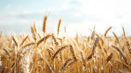 A vast field filled with golden, ripe wheat ready to be harvested. The wheat stalks stand tall and dense, indicating a bountiful harvest season. The scene conveys a sense of readiness and abundance in agricultural activity.の素材