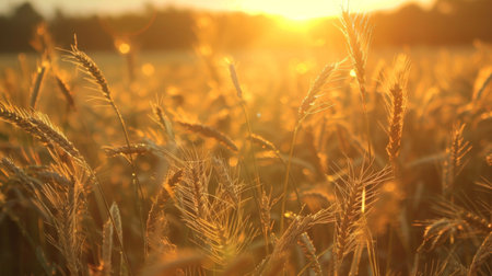 The sun is seen setting in the background of a vast field covered in grass. The sky is painted in warm hues as the day transitions into dusk. The grass sways gently in the breeze under the soft glow of the setting sun.の素材