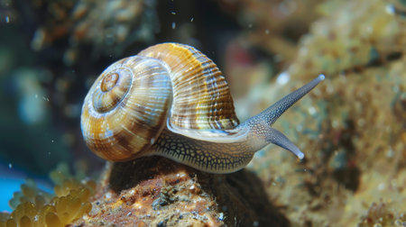 A detailed view of a snail slowly crawling on a rough rock surface, showcasing its spiral shell and slimy body.の素材