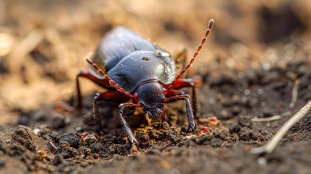 In this close-up shot, a bug is seen crawling on the ground. The bugs detailed body and movements are visible as it explores its surroundings.の素材