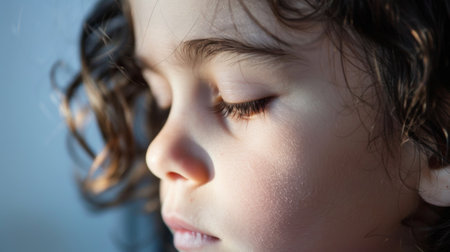 A close-up view of a childs face with their eyes shut. The childs features are highlighted, showing eyelashes and the soft curve of their lips.の素材
