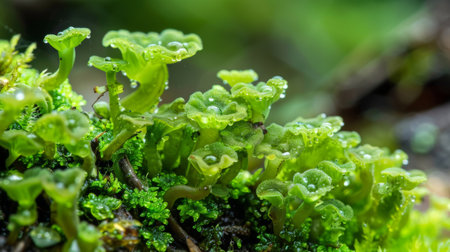 A detailed view of a green plant with water droplets clinging to its leaves, captured up close to showcase the intricate patterns created by the droplets. The vibrant green color of the plant contrasts beautifully with the shimmering water droplets.の素材