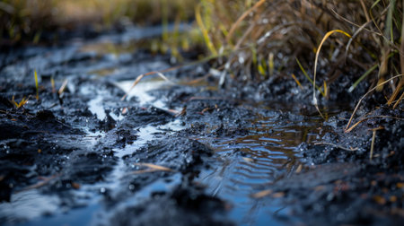 A stream of water meandering through a lush green field filled with tall grass. The clear water cuts through the landscape, creating a dynamic and refreshing scene.の素材
