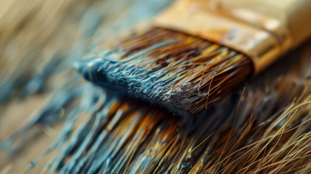 A close-up view of a paintbrush with streaks of paint on its bristles, indicating recent use. The bristles are slightly splayed, showcasing the texture of the paint.の素材
