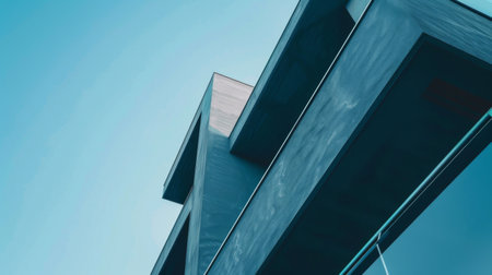 A tall building stands prominently against a clear blue sky in this urban landscape scene. The skyscraper towers over the city, reaching towards the endless expanse of the sky.の素材