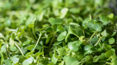 This close-up view showcases a dense cluster of vibrant green plants, their leaves reflecting the sunlight. The intricate patterns and textures of the foliage create a captivating display of nature.の素材