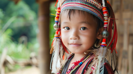 A young child is pictured wearing a traditional headdress and a necklace. The childs tender age is evident in their expression, and the cultural significance of the attire is highlighted.の素材