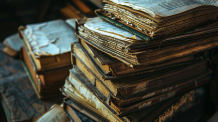 A stack of weathered old books sits atop a sturdy wooden table. The books vary in size and color, showcasing a sense of history and knowledge. The tables surface is slightly worn, adding to the overall vintage charm of the scene.の素材