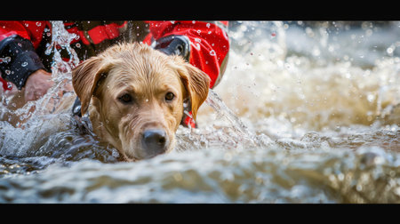 A dog wearing a bright orange life jacket is swimming in the water. The dogs head is above the water as it paddles its legs to stay afloat.の素材