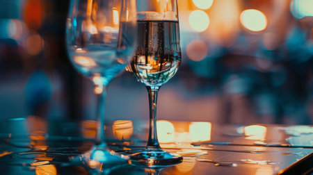 A close-up view of two wine glasses placed on a wooden table. The glasses are empty, showcasing their elegant stems and bowls. Light softly illuminates the glasses, creating a simple yet sophisticated scene.の素材
