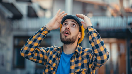 A man wearing a plaid shirt is shown raising both hands to his head in an apparent gesture of frustration or stress. The focus is on his body language as he appears to be dealing with a challenging situation.の素材