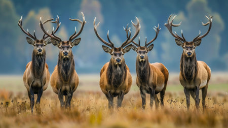 A group of deer, with their brown fur blending into the dry grass, stand quietly on top of the field. Their heads are held high, ears perked, as they scan their surroundings for any signs of danger.の素材