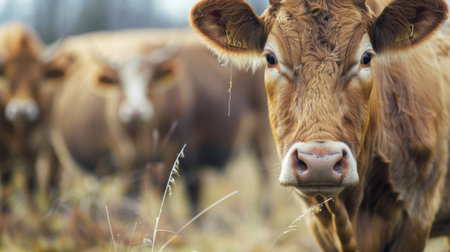 A detailed close-up of a brown cow standing in a grassy field, with its head raised and ears perked up. The cow appears focused and alert, chewing on grass as it grazes peacefully.の素材