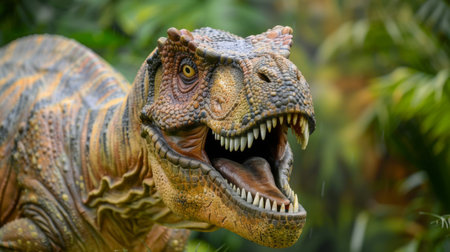 A detailed view of a dinosaur with its mouth wide open, showcasing its sharp teeth and powerful jaw muscles. The image captures the prehistoric reptile in a menacing pose, ready to strike or vocalize in its natural habitat.の素材