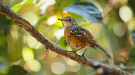 A small bird is perched on a tree branch, looking around its surroundings. The birds feathers are a mix of brown and white, blending in with the trees bark.の素材