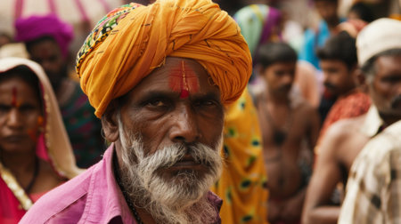 A man is depicted wearing a bright yellow turban on his head, showcasing traditional headwear. His attire is culturally significant and adds a vibrant touch to the scene.の素材