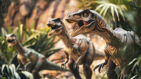A collection of toy dinosaurs arranged in a jungle scene, showcasing a variety of species amidst lush greenery and simulated foliage. The dinosaurs are positioned in a dynamic way, with some appearing to be in motion while others seem to be interacting with each other.の素材