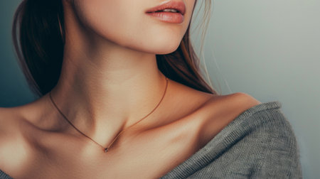 A detailed view of a womans neck adorned with a stylish necklace, showcasing intricate design and craftsmanship.の素材