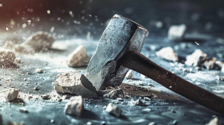 A hammer is forcefully hitting rocks, causing chips and fragments to fly in all directions. The action shows a person engaged in the task of breaking rocks using a hammer with precision and strength.の素材