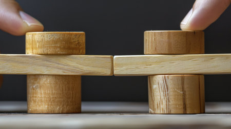 A person is stacking wooden blocks on a table, focusing on creating a stable structure. The blocks vary in size and shape, requiring careful placement to prevent collapse.の素材