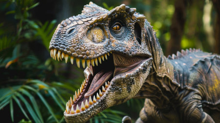 In this close-up shot, a dinosaur is depicted with its mouth wide open, showcasing its menacing teeth and jaw structure. The fierce expression and powerful stance of the dinosaur are captured in vivid detail.の素材