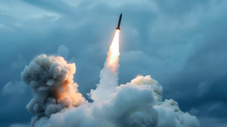 A rocket launching into the sky with smoke billowing out from its engines. The rocket is ascending rapidly, leaving a trail of exhaust behind it as it propels itself upwards towards space.の素材