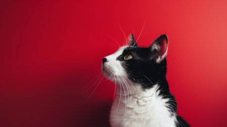 A black and white cat with alert eyes is looking up against a vibrant red wall. The cats fur stands out against the bold backdrop, creating a striking contrast in this simple yet eye-catching scene.の素材