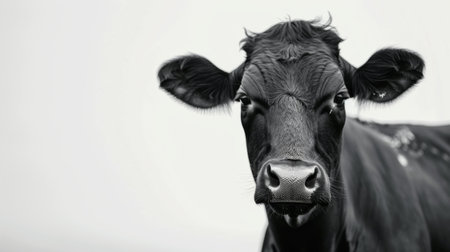 A black and white cow stands in a field, looking directly at the camera with curiosity. The cows expressive eyes are prominent in the image.の素材
