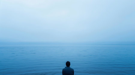 A man is seated at the waters edge, with his feet dangling above the rippling surface. He gazes out onto the river/lake/sea, lost in contemplation.の素材