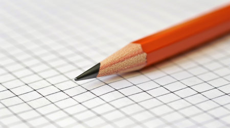 A yellow pencil is placed horizontally on a sheet of graph paper, with lines and numbers clearly visible. The pencil is unsharpened, showing its eraser at one end. The graph paper is white with light blue lines forming a grid pattern.の素材