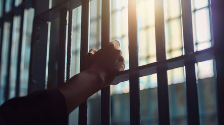 A persons hand is gripping a jail cell door, symbolizing confinement or imprisonment. The door appears sturdy and metallic, creating a sense of confinement and restriction.の素材
