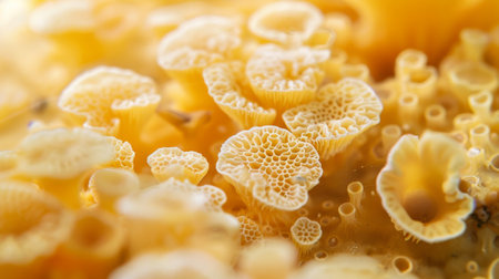 A close up view of a cluster of bright yellow flowers, showcasing their delicate petals and vibrant color. The flowers are tightly packed together, creating a beautiful and eye-catching display.の素材