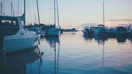 Several boats are anchored in the water, gently bobbing up and down. The boats vary in size and design, some with colorful sails, others with motor engines. The calm water reflects the boats, creating a serene scene.の素材