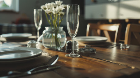 A wooden table is adorned with a vase filled with vibrant flowers, creating a lovely centerpiece.の素材