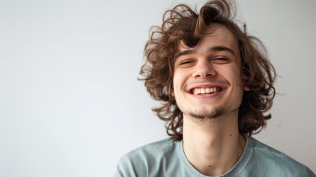 A young man with long hair is smiling directly at the camera, exuding a friendly and approachable demeanor. His hair falls around his shoulders as he radiates positivity with his genuine smile.の素材