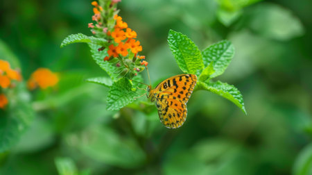 A yellow and black butterfly is perched on top of a vibrant green plant, displaying its intricate wings and delicate features in close proximity.の素材