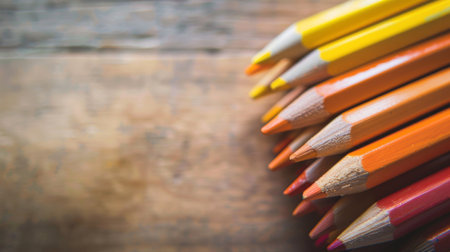 A collection of vibrant colored pencils lies scattered on top of a wooden table. Each pencil is distinct in color and size, creating a visually appealing display against the warm wooden surface.の素材