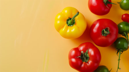 A variety of vibrant peppers of different colors like red, green, yellow, and orange arranged neatly on a bright yellow background. Each pepper showcases its unique shape and color, creating a visually striking composition.の素材