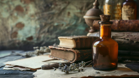 A glass bottle of essential oils is placed on top of a wooden table, with soft natural lighting illuminating it from the side.の素材