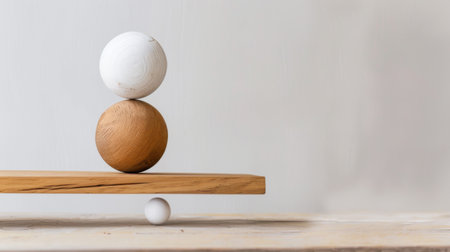 A balance scale displaying two balls equally placed on each side. The scale is in equilibrium, indicating a perfect balance between the two objects.の素材
